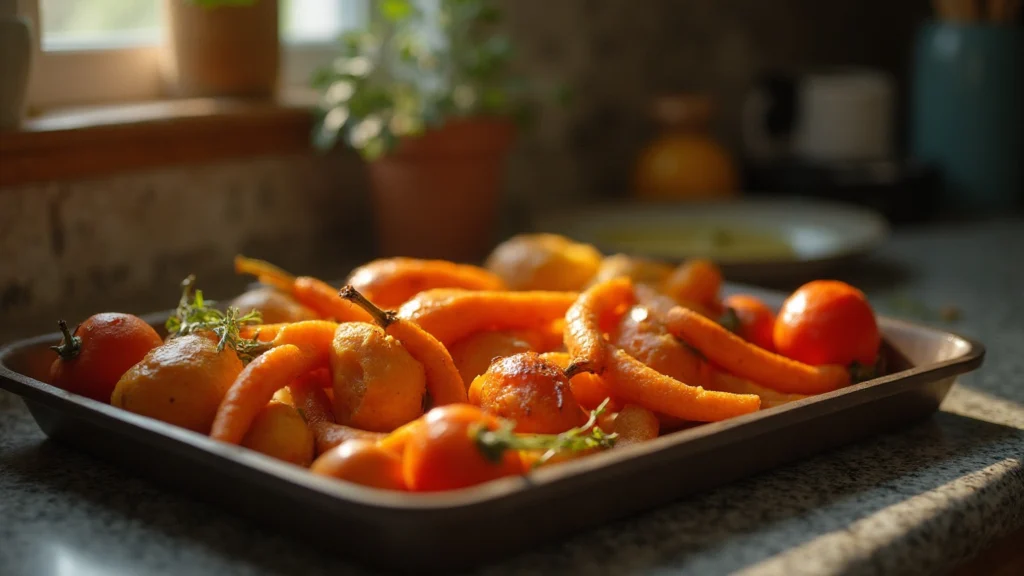 A tray of roasted vegetables just out of the oven, generated illustration