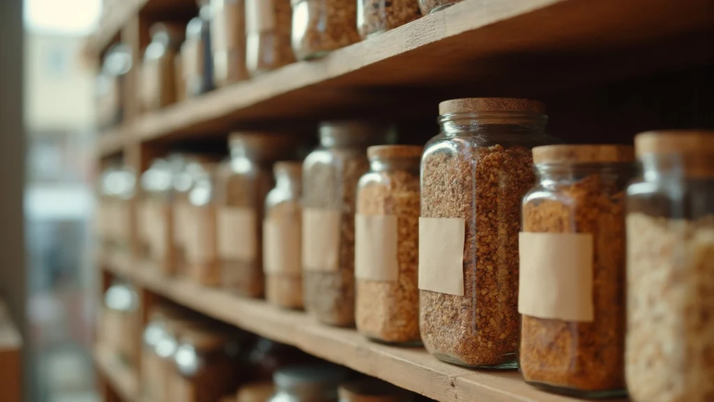 Shop shelves with jars of nuts, seeds and grains with plain blank labels, generated illustration
