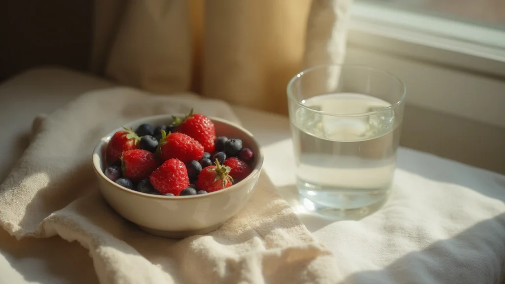 A bowl of berries and a glass of water on a bedside table, generated illustration