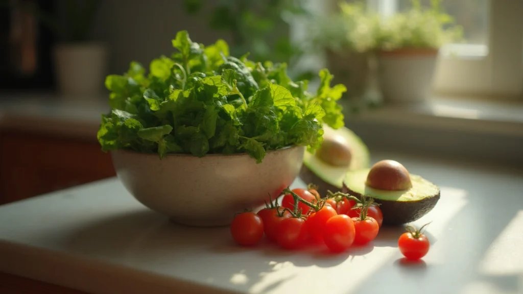 A bowl of leafy greens, cherry tomatoes and sliced avocado on a table, generated illustration