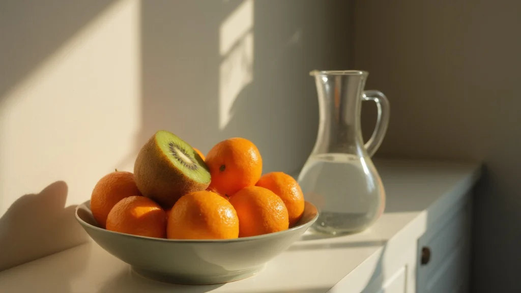 A bowl of oranges and kiwis beside a carafe of water in morning light, generated illustration