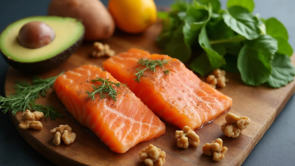 A flat lay of a salmon fillet, avocado, sweet potato, spinach and walnuts on a wooden board, generated illustration
