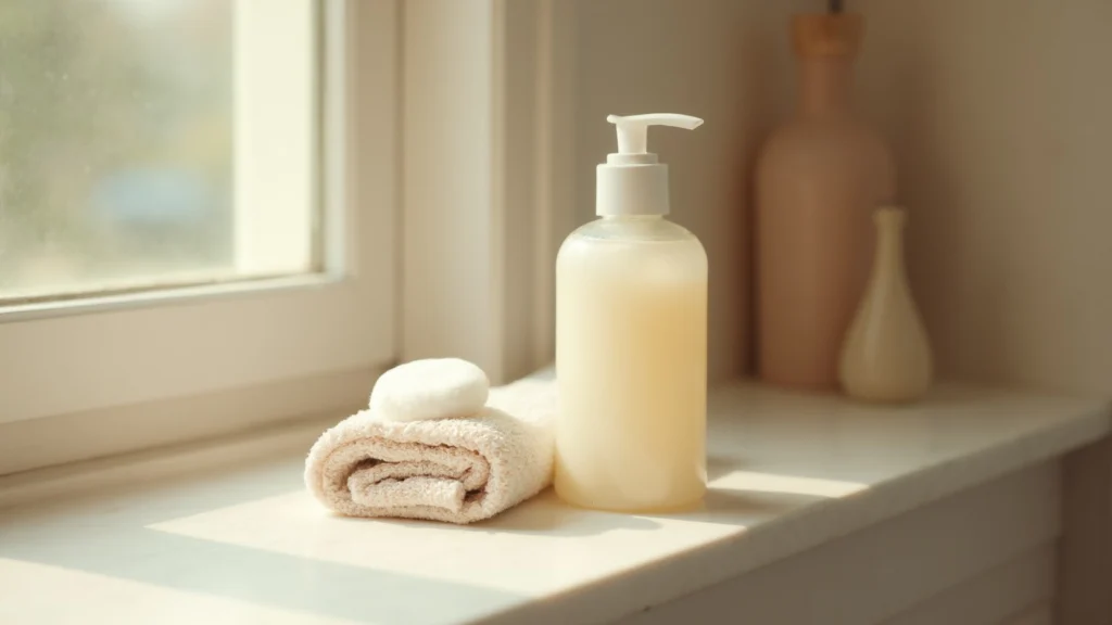 A gentle cleanser in a plain bottle, a cotton pad and a small towel on a bathroom shelf, generated illustration