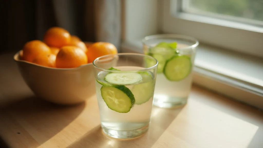 A glass of water with cucumber slices beside a bowl of oranges, generated illustration
