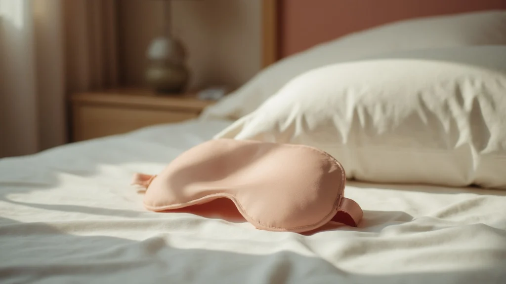 A pillow and a silk sleep mask on a made bed, generated illustration