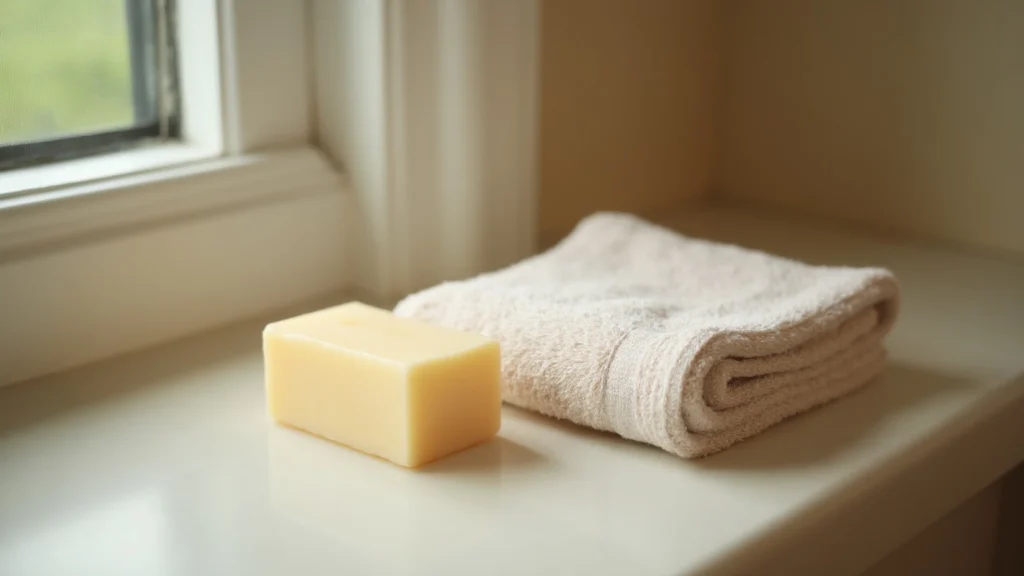 A soft face towel folded beside a bar of gentle soap on a bathroom counter, generated illustration