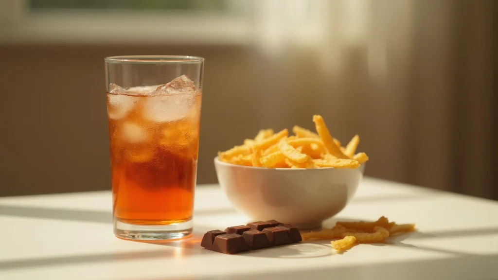 A tall glass of fizzy drink with ice, a bowl of crisps and a broken bar of milk chocolate on a plain table, generated illustration