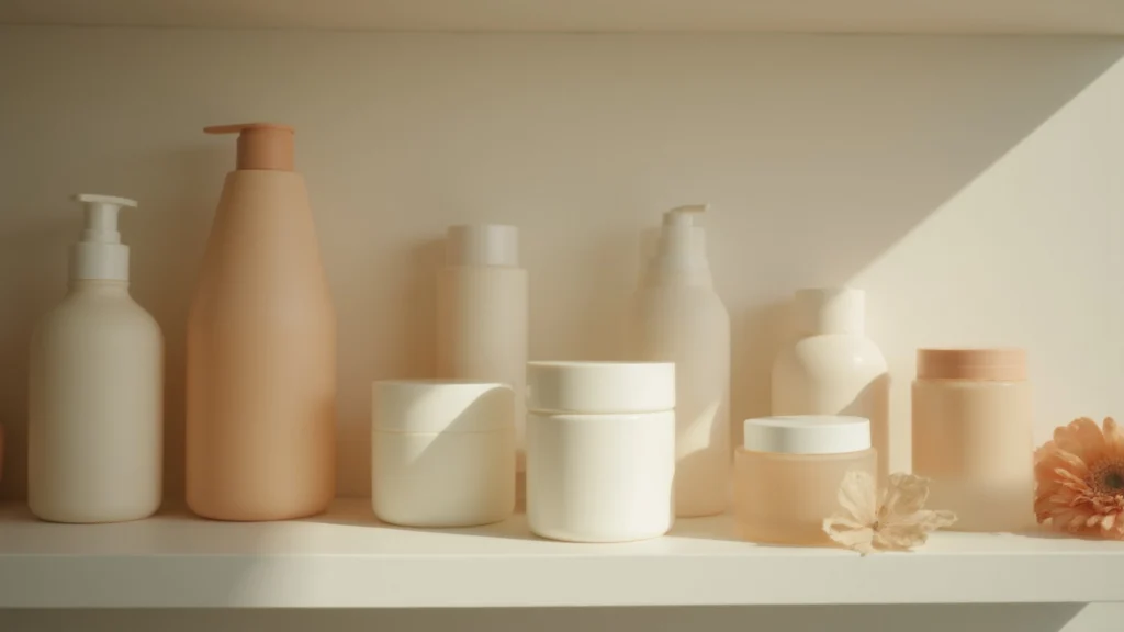 An assortment of plain unlabelled skincare bottles and jars lined up on a shelf, generated illustration