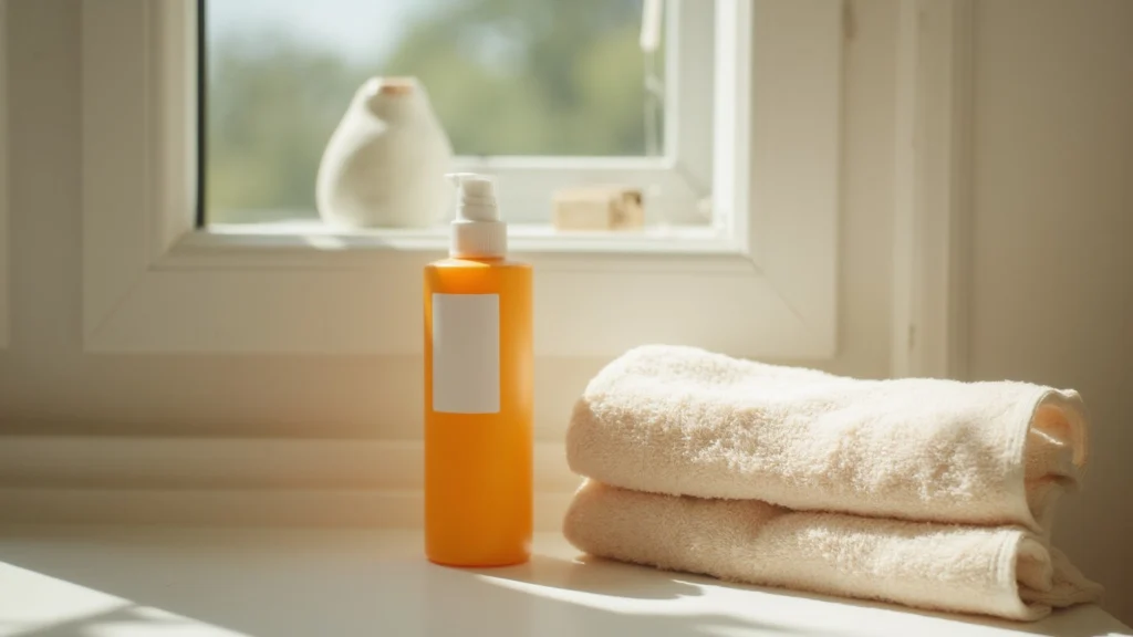 A bottle of sunscreen with a plain label and a folded towel by a window, generated illustration
