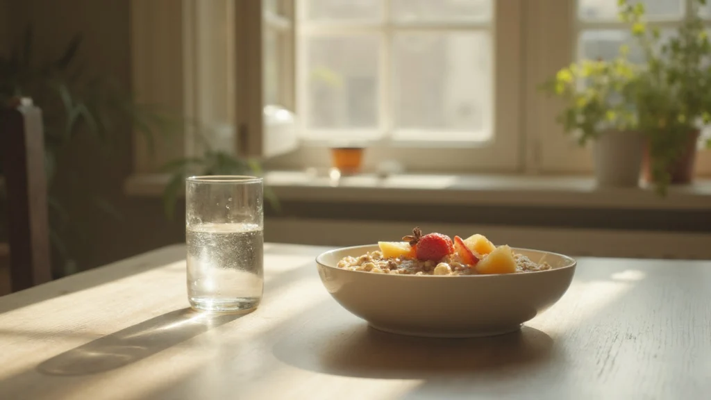 A breakfast table with a glass of water, a bowl of porridge with fruit and an open window behind, generated illustration