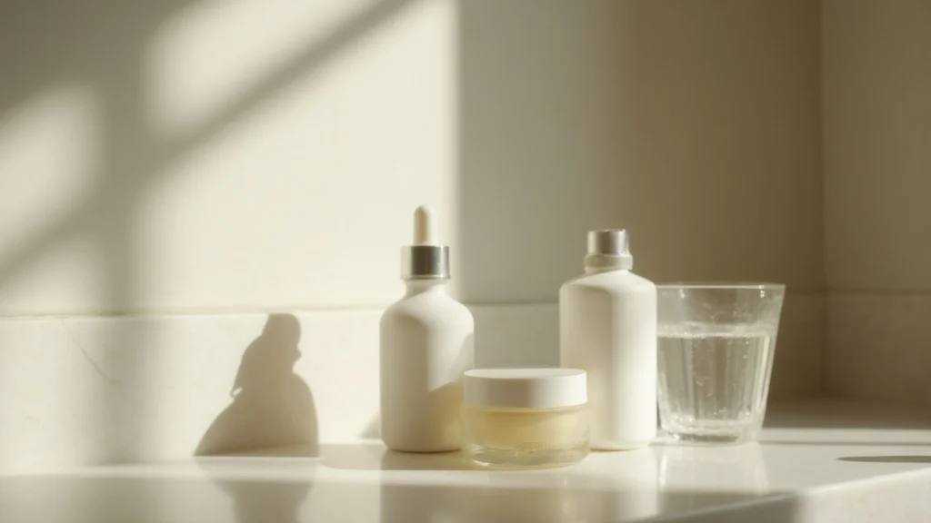 A jar of moisturiser, a dropper bottle and a glass of water on a marble bathroom shelf, plain unlabelled containers, generated illustration