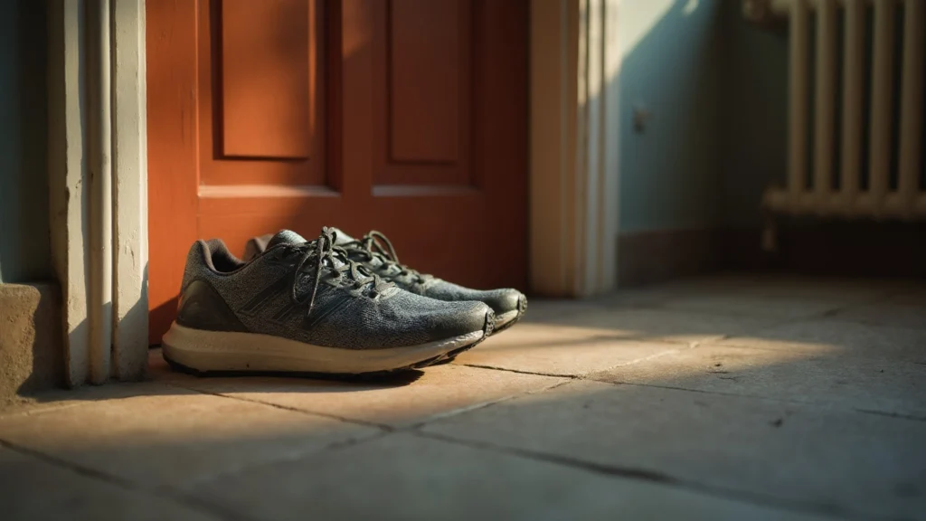Running shoes by a front door in early light, generated illustration