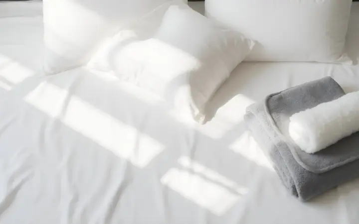 How to ease lower back pain in bed: a bed with smooth white cotton sheets in soft morning window light, a firm pillow folded in half and a rolled white towel laid on the sheet beside a folded grey wool blanket, seen from directly above, generated illustration
