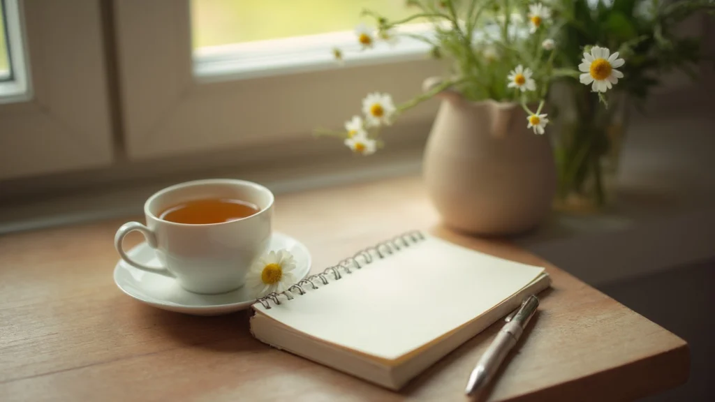 A cup of chamomile tea, an open blank notebook and a pen on a wooden table by a window, generated illustration