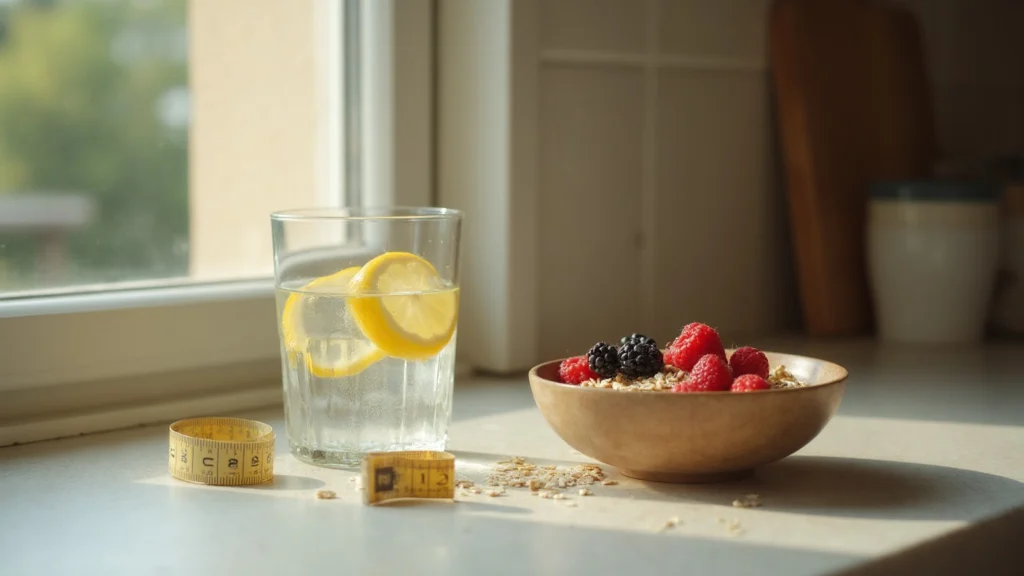 A glass of water with lemon, a bowl of oats with berries and a tape measure on a kitchen counter, generated illustration