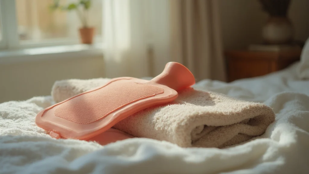 A hot water bottle and a folded towel on a bed, generated illustration