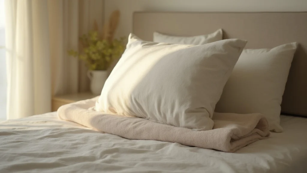 A pillow placed between two folded blankets on a bed, seen from the side in morning light, generated illustration