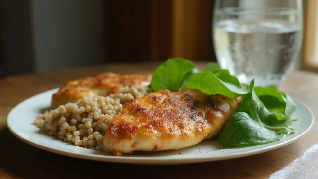 A plate of grilled chicken, lentils and green leaves beside a glass of water, generated illustration