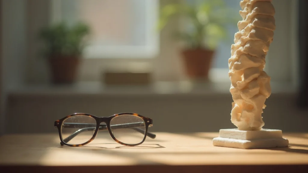 A spine model and a pair of reading glasses on a wooden desk, generated illustration