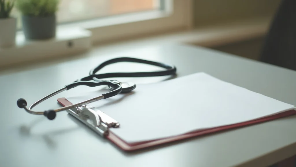 A stethoscope resting on a clipboard with blank paper on a plain desk, generated illustration