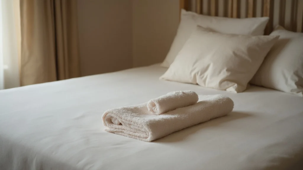 A tidy bed with a small rolled towel and a pillow arranged on it, generated illustration