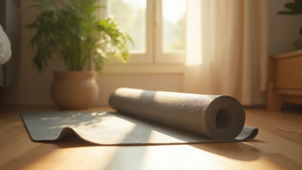 A yoga mat rolled out on a sunlit wooden floor with a plant in the corner, generated illustration