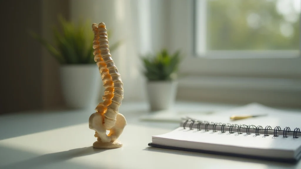 An anatomical model of the lumbar spine on a clinic desk beside a blank notebook, generated illustration
