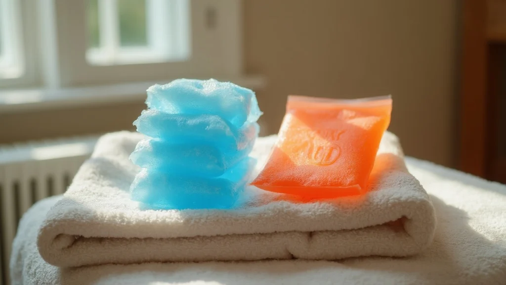 An ice pack and a heat pack side by side on a folded towel, generated illustration