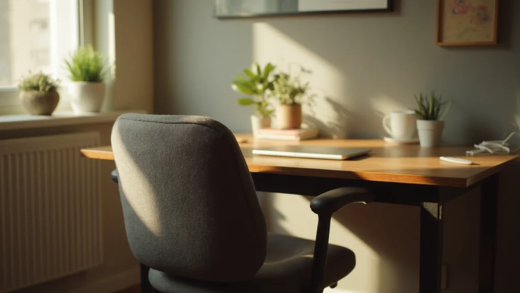 An office chair and desk with a lumbar cushion in morning light, generated illustration