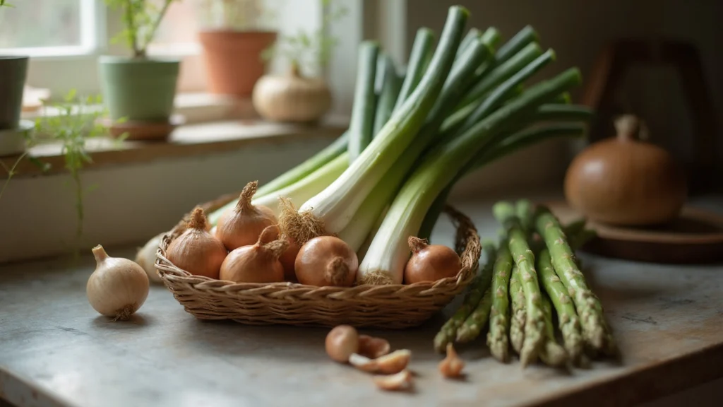 A basket of leeks, onions, garlic and asparagus on a kitchen table, generated illustration