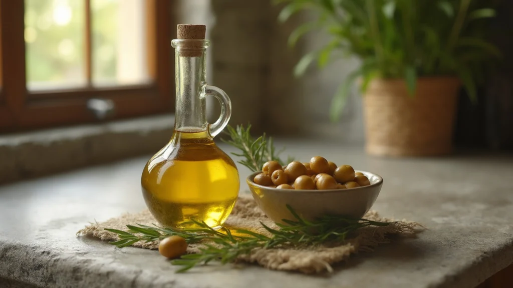 A bottle of olive oil beside a bowl of olives and a sprig of rosemary on a stone table, generated illustration