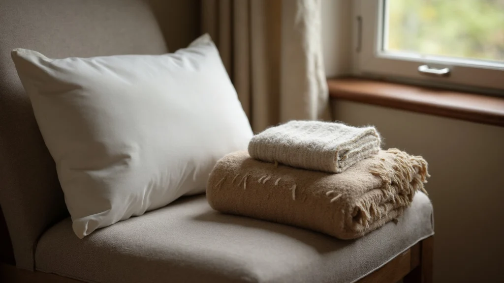 A firm pillow and a folded wool blanket on a bedside chair by a window, generated illustration