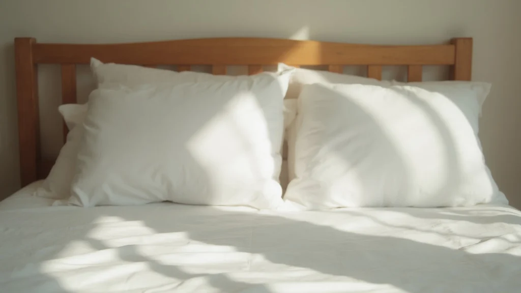 A neatly made bed with white linen and two pillows in soft morning light, seen from the foot of the bed, generated illustration