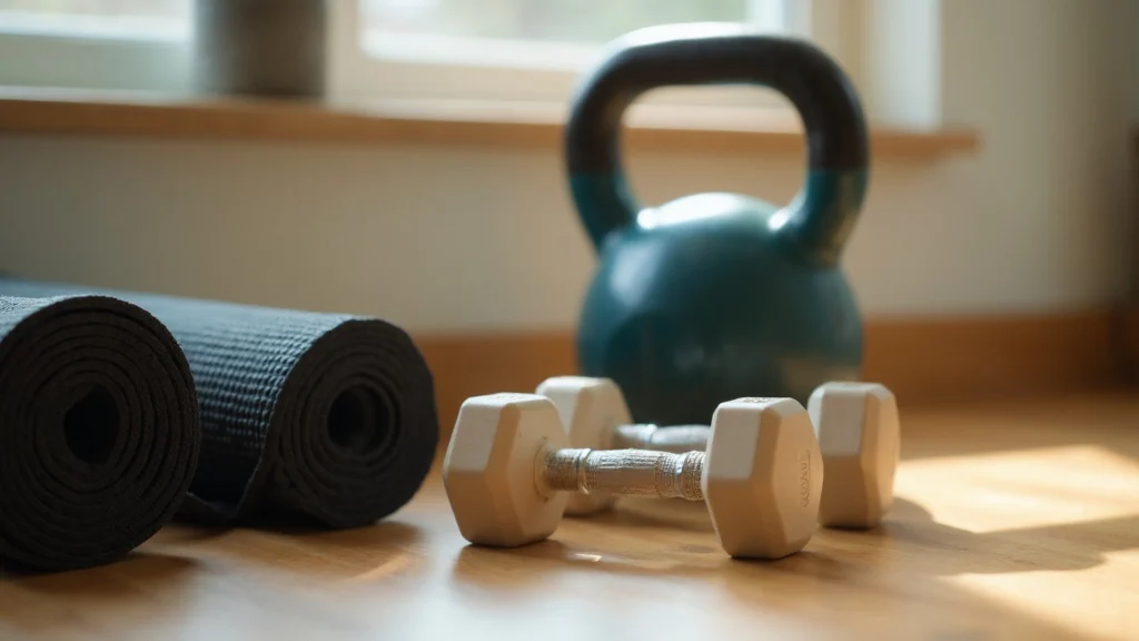 A pair of light dumbbells, a kettlebell and a rolled exercise mat on a wooden floor by a window, generated illustration
