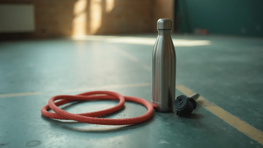 A skipping rope and a steel water bottle on a gym floor, seen from above, generated illustration
