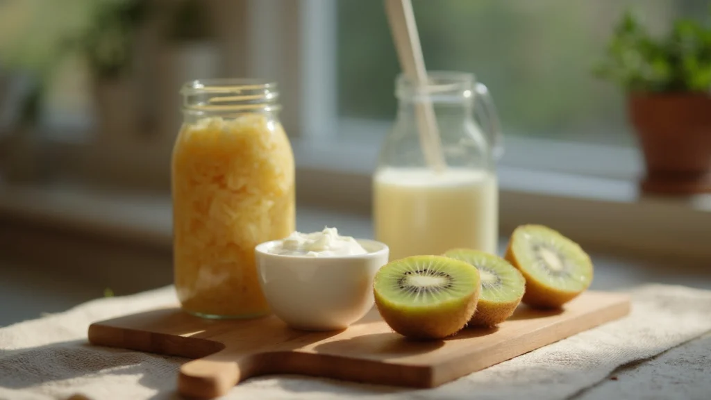 A wooden board with a jar of sauerkraut, a bowl of plain yoghurt, kefir in a glass and sliced kiwi, generated illustration
