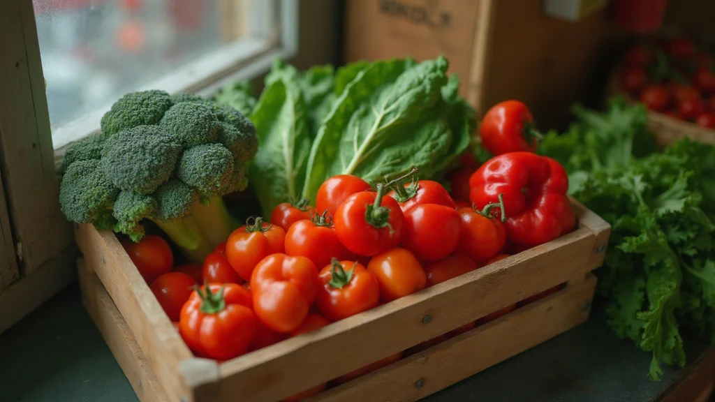 A wooden crate of tomatoes, spinach, broccoli and red peppers at a market stall, generated illustration