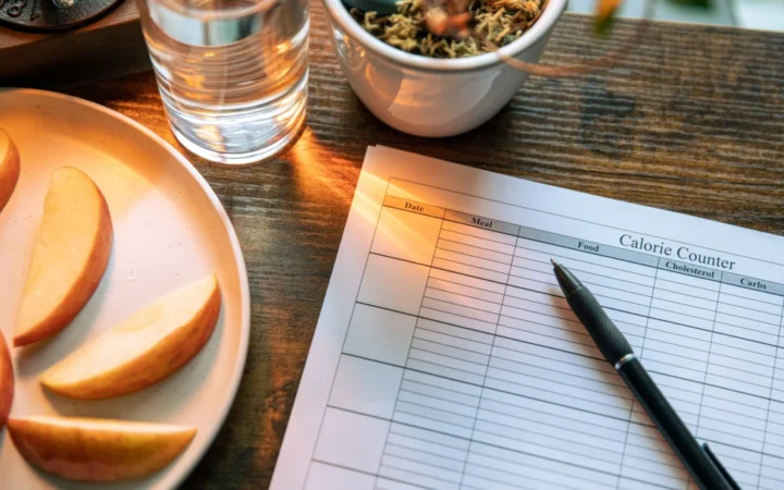 Calorie counting setup with apple slices and glass of water on a wooden table.