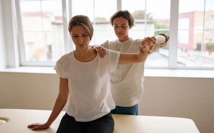 Therapist assists a woman with arm stretching during a physical therapy session in a bright, indoor setting.