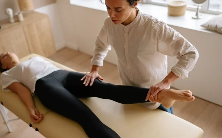 Physiotherapist assists a woman with leg rehabilitation therapy in a calm treatment room