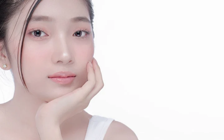 Close-up portrait of a young woman with clear skin in a studio setting, showcasing beauty and skincare.