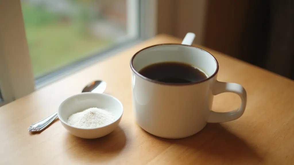 A plain white mug of black coffee with its one handle turned to the right, a teaspoon lying beside it and a small white dish of fine collagen powder, on a wooden breakfast table by a window, generated illustration