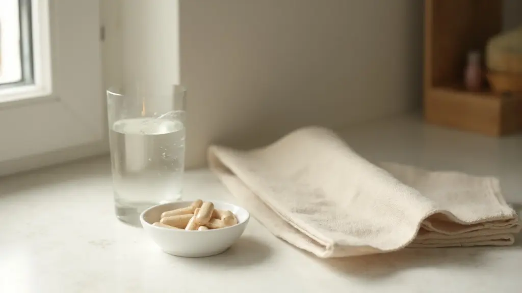 A tall glass of water beside a small white ceramic dish of plain unmarked capsules and a folded linen napkin, on a pale stone worktop, generated illustration