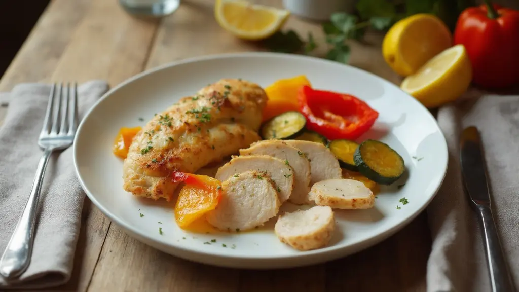 A white dinner plate of sliced roasted chicken breast with roasted red and yellow pepper strips and courgette rounds and a wedge of lemon, a fork and a linen napkin beside it, on a wooden kitchen table, generated illustration