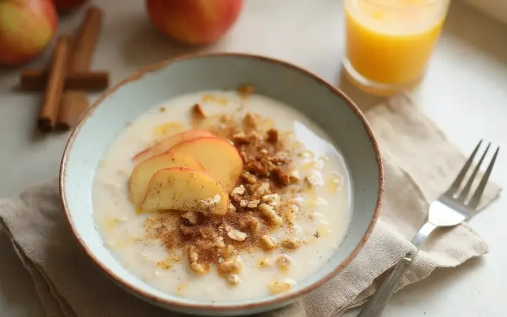Generated illustration of apple and cinnamon porridge with walnuts, not a photograph of the dish