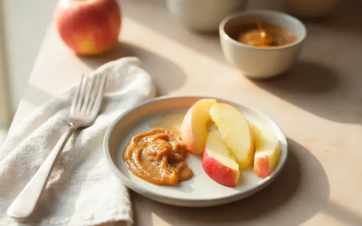 Generated illustration of apple with peanut butter, not a photograph of the dish