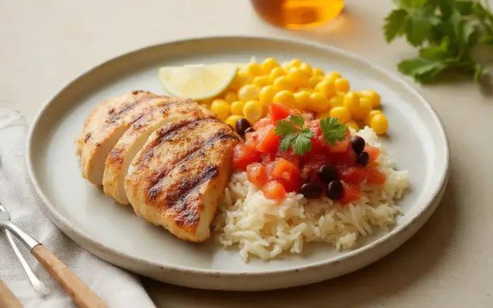 Generated illustration of baked chicken with rice, corn and salsa, not a photograph of the dish