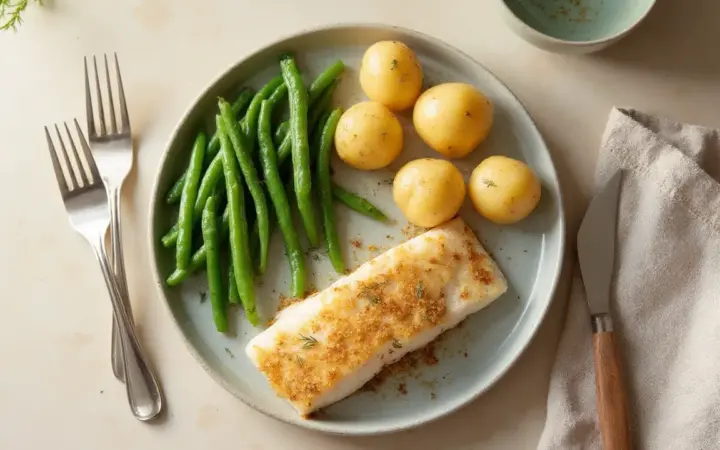 Baked cod with potatoes and green beans