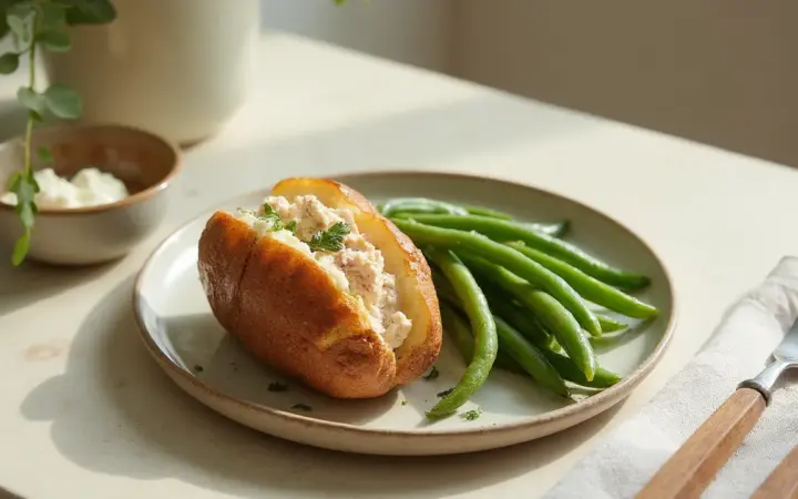Generated illustration of baked potato with tuna and cottage cheese, not a photograph of the dish