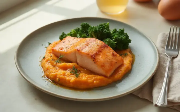 Baked salmon with sweet potato mash and kale